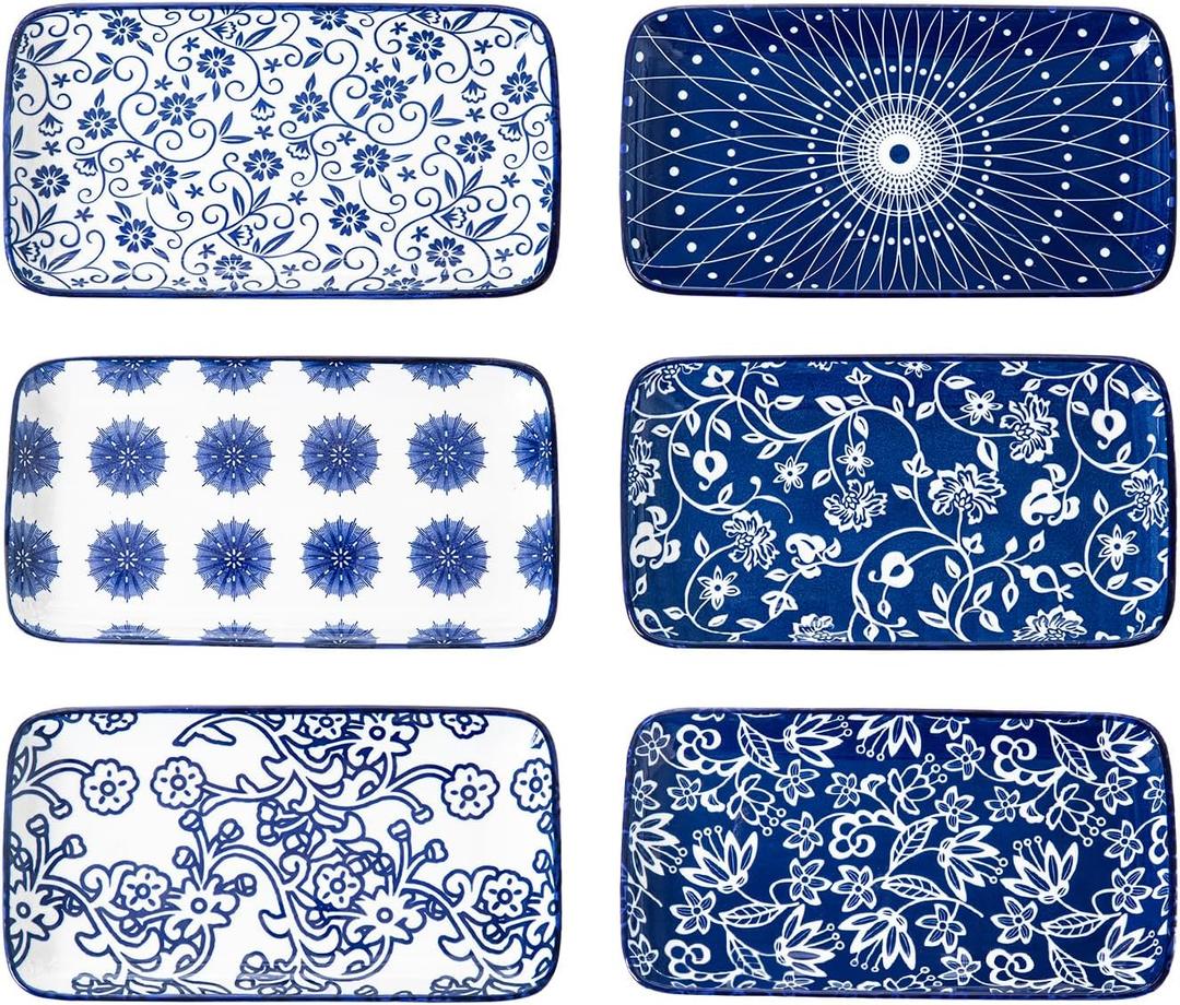 Rectangle Serving Platter Set - 8 Inch Ceramic Dinner Plates Rectangular Serving Trays for Sushi Salad Dessert Pasta Appetizer - Oven Microwave Dishwasher Safe - Set of 6 - Vintage Blue