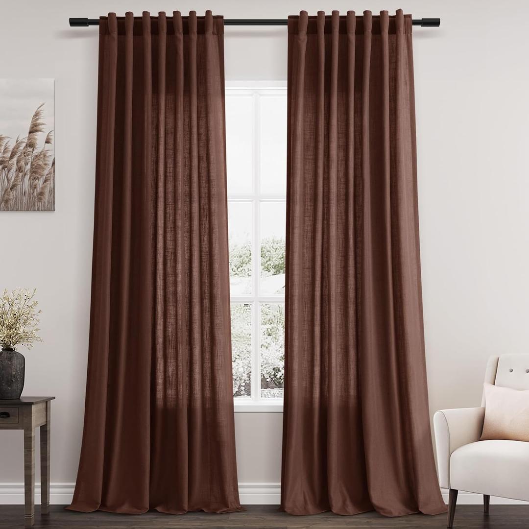 Extra Long Rustic Brown Linen Curtains 120 Inch for Living Room 2 Panels Set Rod Pocket Back Tab Light Filtering Semi Sheer Linen Window Drapes Privacy High Ceiling Drapes for Farmhouse 52x120