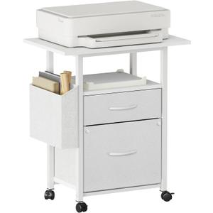 GYIIYUO 2 Drawer File Cabinet with 24'' Extended Desktop, Mobile Filing Cabinet, Rolling File Cabinet with Side Bag, Fabric Drawer, Fits A4/Letter Size, Printer Stand Home Office, White