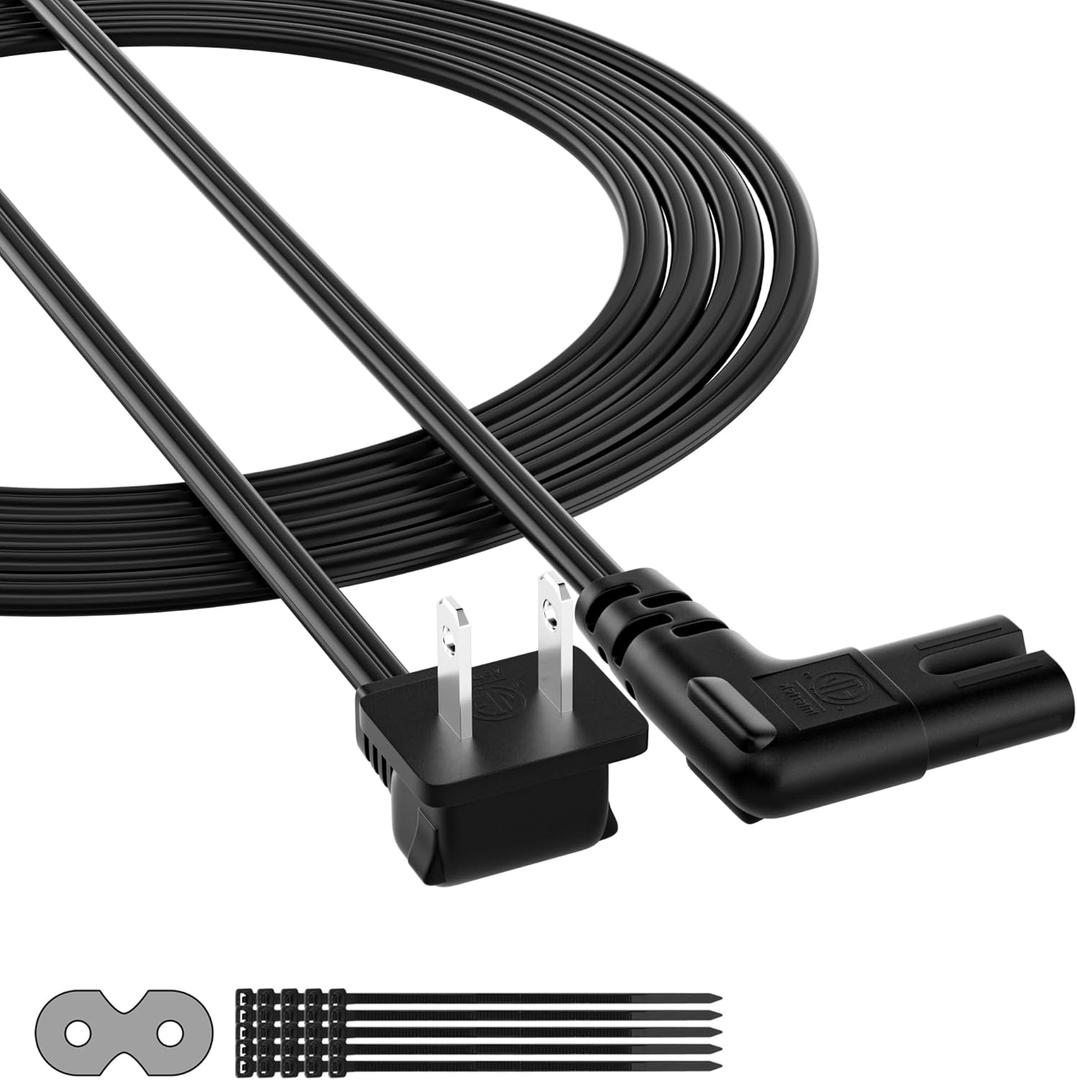 2-Slot Non-Polarized Right Angle Power Cord - 4 FT, NEMA 1-15P to IEC C7 90 Degree AC Power Cable, Universal (Figure 8) Power Supply, Black, with 25 Cable Ties