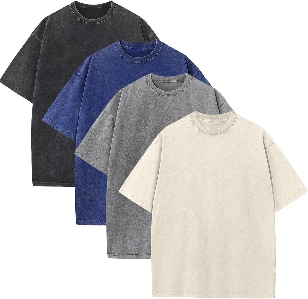 KEEPSHOWING Mens Oversized T Shirts Acid Wash Loose Fit Vintage Washed Tee Shirt Short Sleeve Streetwear Casual T-Shirts (Large, Black+light Gray+lue+Ivory)