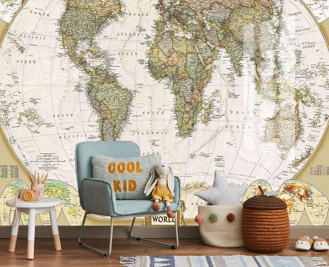 World Map Wallpaper Mural for Nursery Kids Room Large Wall Mural for Bedroom Living Room (149" x 107")