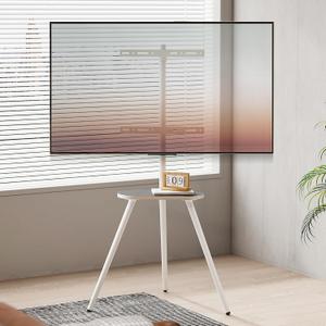 White Metal Tripod Easel TV Stand for 43–65 Inch TVs, Height Adjustable Swivel Floor Stand with Wood Shelf and Cable Management for Bedrooms and Apartments, VESA 400x400