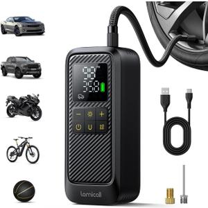 Car Tire Inflator Portable Air Compressor - Lamicall [5X Faster][150 PSI] Air Pump with Rechargeable Battery for Car, Motorcycle, Bike, ATV,MTV, Scooter, Ball (Black)