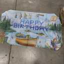 Fishing Theme Happy Birthday Flag Lake Scene with Boat and Fishing Gear for Men Fisherman Booth Supplies
