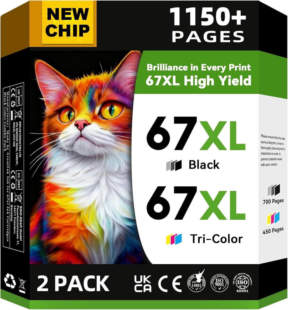 67XL Ink Cartridges Black/Color Combo Pack Compatible for HP Ink 67 67XL Works with HP Deskjet 2800e 2855e 2755e 2700e 2734e 2700 2755 2827e 4155e 4227e 4255e Envy 6000 6055e 6455e Series (2-Pack)