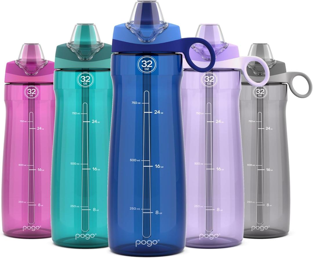 Pogo Plastic Water Bottle with Straw Lid and Carry Handle, Reusable, BPA Free, Dishwasher Safe, Perfect for Travel, School, Outdoors, and Gym | 32oz, 40oz (Blue)