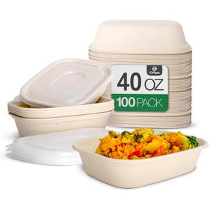 100 Pack 40 Oz Large Paper Bowls with Lids, Heavy Duty Compostable Paper Bowls for Party, Disposable Bowls Bulk Leakproof and Microwave Safe for Hot/Cold Use