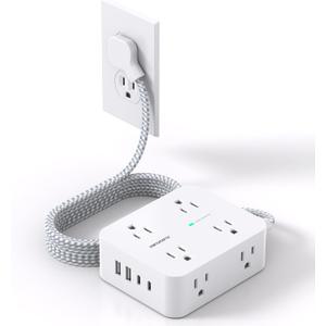 Flat Plug Extension Cord with Multiple Outlets, HANYCONY 1080J Surge Protector Power Strip with 8 AC Outlets 4 USB Ports (2 USB-C), 3-Sided Outlet Extender Ideal for Home Office Dorm Room Essentials (5Ft)