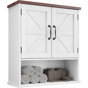 Bathroom Wall Cabinet with Barn Doors, Wall Mounted Bathroom Cabinet, Farmhouse Style, Adjustable Shelf, Wall Mounted Medicine Cabinets, White