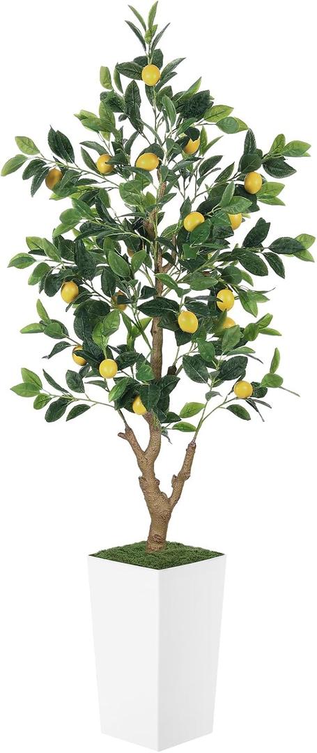 5FT Artificial Lemon Tree with Pot - 60" Fake Lemon Tree with White Tall Planter, Faux Lemon Plant with Realistic Fruits and Silk Leaves, Artificial Plants Indoor for Home Office Kitchen Decor