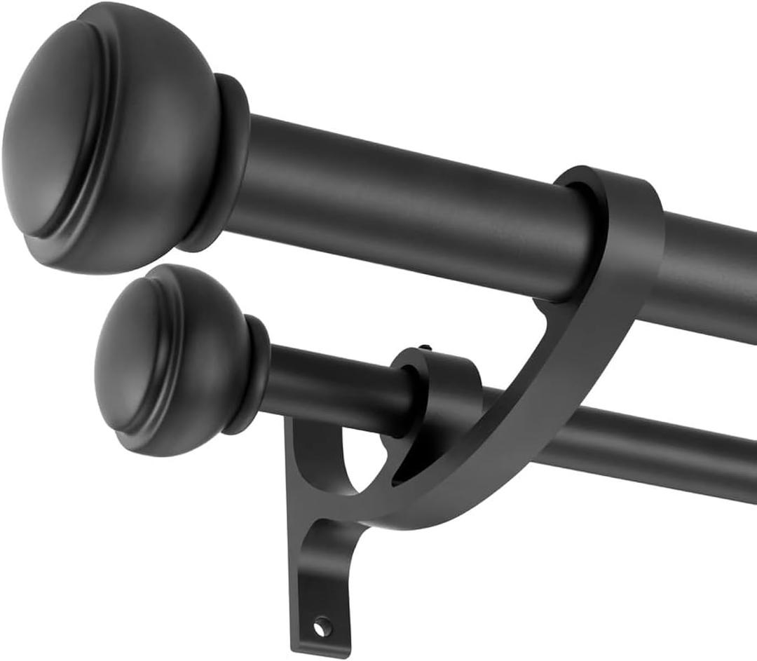 Matte Black Double Curtain Rods, Adjustable Double Rod Curtain Rods 28 to 48 Inch, Decorative Double Window Treatment Rods with Cap Finials, 1-Inch Front and 5/8 Inch Back Double Window Drapery Rod