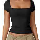 QINSEN Women's Square Neck Short Sleeve Double-Layer Tops Basic Slim Fit Going Out T Shirt (X-Large, Black)