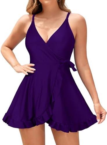 SHEKINI Women's V-Front Detailing Swim Skirt Side Tie Ruffled One Piece Swimdress, Size XXL
