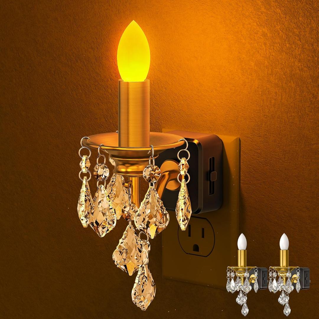 Candle Night Lights Plug into Wall, LED Amber Night Light with Dusk to Dawn Sensor, 0-100LM Dimmable, Decorative Gold Candle-Style Nightlight for Bedroom, Bathroom, Hallway, Stairway, 2 Pack