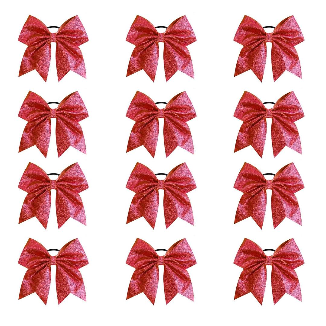 Oaoleer 12PCS 7" Large Glitter Cheer Hair Bows Ponytail Holder Elastic Band Handmade for Cheerleading Teen Girls College Sports (Glitter Red 12PCS)