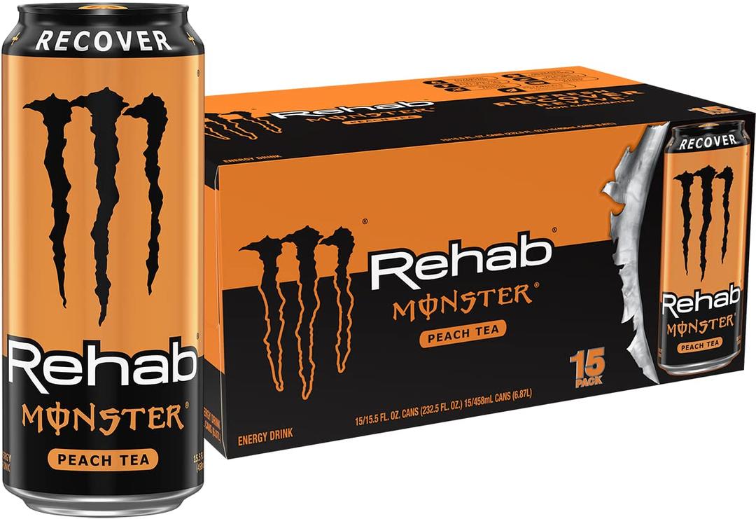 Monster Energy Rehab Peach Tea + Energy, Energy Iced Tea, Energy Drink, 15.5 Ounce (Pack of 15)