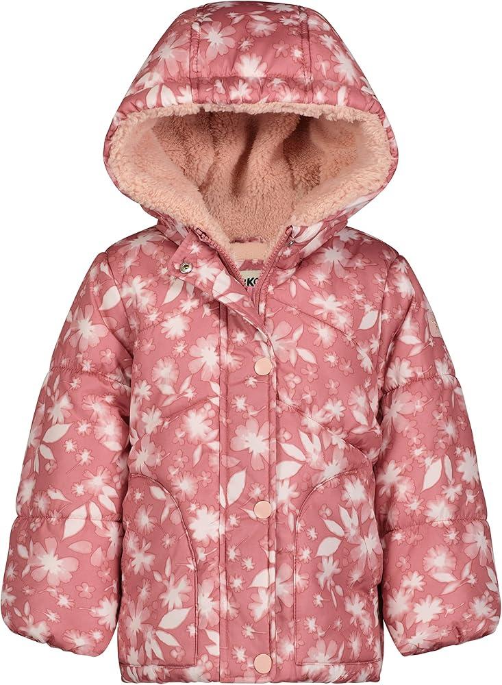 OshKosh B’gosh Baby Girl's Hooded Winter Puffer Jacket with Faux Fir Trim, Pink with Allover Leopard Pattern and Snowbib, 4 Years