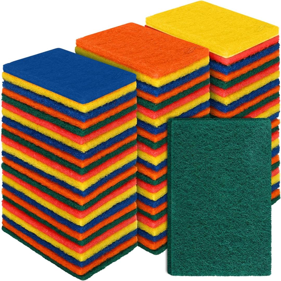 Hoolerry Set of 100 Heavy Duty Scouring Pads Non Scratch Household Scrub Pads for Cleaning Reusable Pan Scrubber Anti Grease Scrubbing Pads for Dish Kitchen Metal Grills, 4.3 x 3 x 0.3 in (Multicolor)
