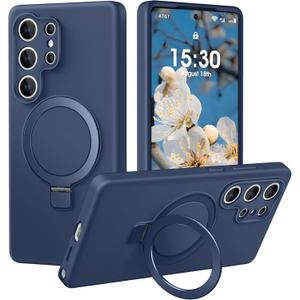 Liquid Silicone Case for Samsung Galaxy S25 Ultra with Magnetic Stand, Mil-Grade Drop Shockproof, Full Camera Protection Anti-Scratch Microfiber Lining Silicone Phone case, Dark Blue