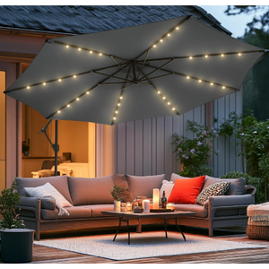 Wikiwiki 10ft Solar LED Offset Hanging Market Cantilever Patio Umbrella for Backyard, Poolside, Lawn and Garden, Easy Tilt Adjustment, Polyester Shade & Cross Base, Dark Gray