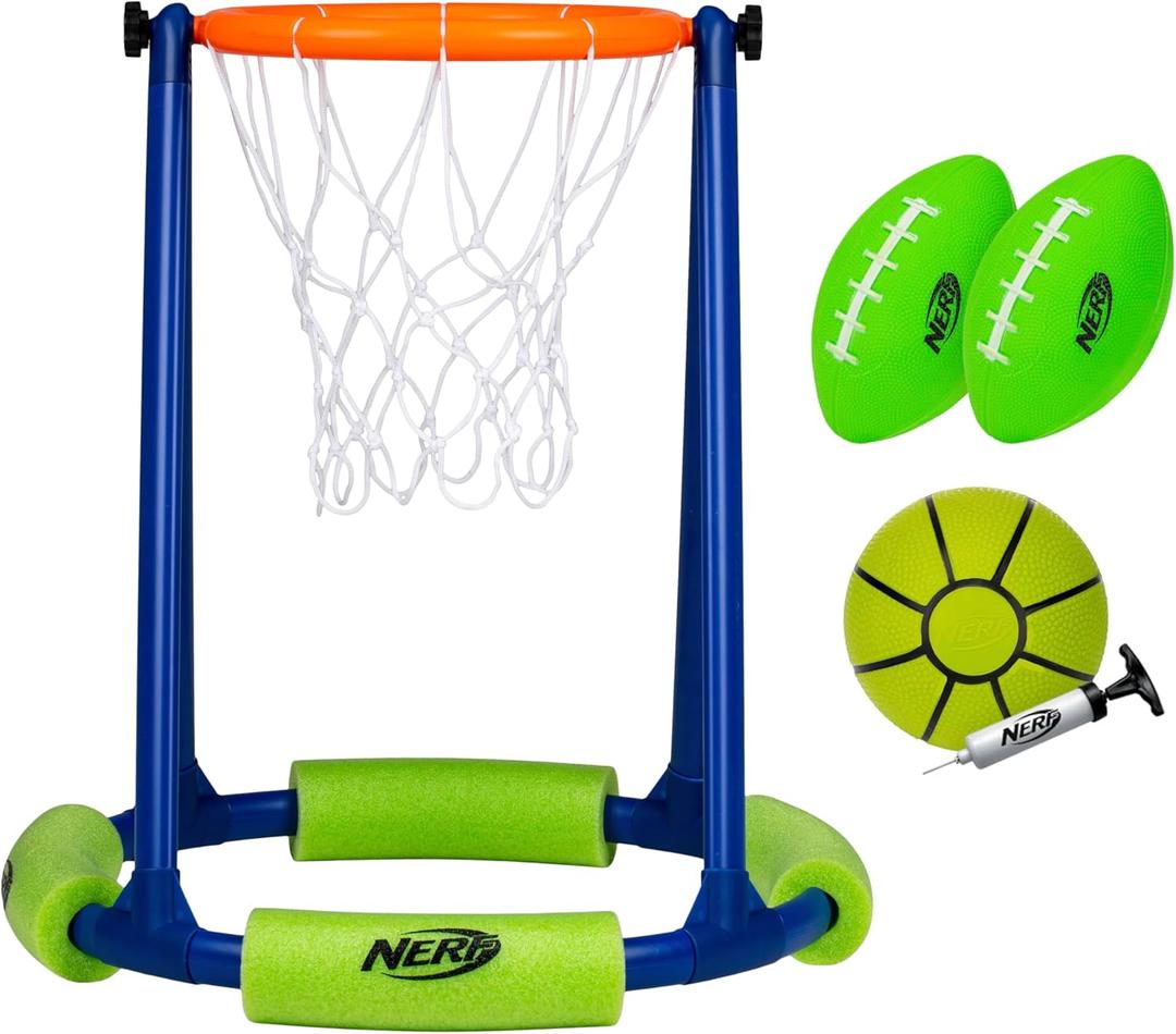 NERF Floating Pool Basketball Hoop + Football Target Net Set - Water Basketball + (2) Pool Footballs Included - Floating Hoop + Target Goal for in-Pool + Poolside Play - Sports Pool Toys for Kids