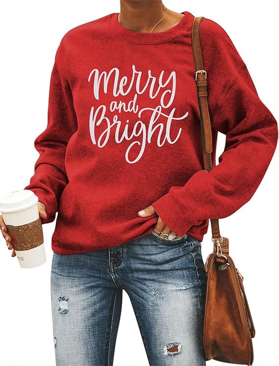 Merry and Bright Sweatshirt Women Long Sleeve Christmas Shirts Letter Print Xmas Holiday Tops Red