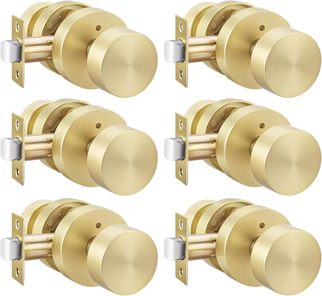 Haidms Brushed Gold Door Knobs Interior, Heavy Duty Zinc-Alloy Privacy Door Knob, Gold Interior Door Knobs for Bedroom & Bathroom, Round Ball Design with Emergency Unlock(6 Pack)