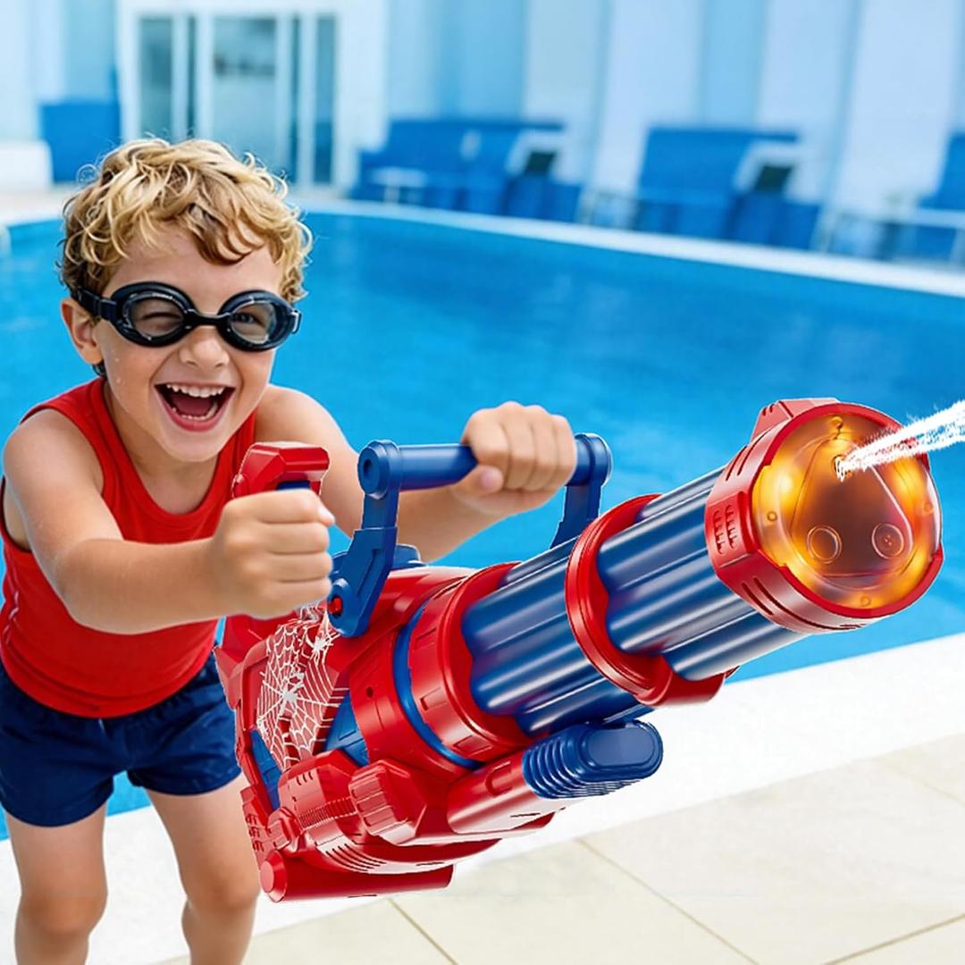Gatling Electric Water Gun, 1500cc Squirt Water Pistol Toy Powerful Water Blaster 50-55 Feet Range, Automatic Super Water Soaker for Kids Summer Outdoor Swimming Pool Beach Party,Red