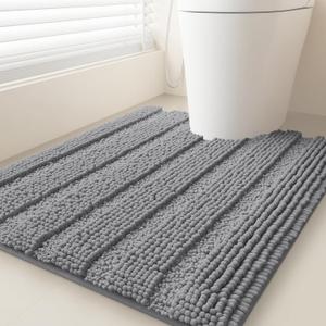 Striped Light Grey Toilet Bathroom Rug Mat 24" x 20" Contour Rug Ultra Soft, Non Slip Chenille Bath Rugs, Absorbent Plush Shaggy Bath Mats for Bathroom, Bedroom, Kitchen, Shower, Tub,Light Gray (1'8" x 2' (Rectangular))