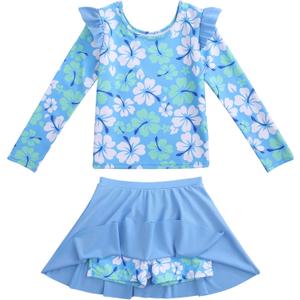 Girls Rash Guard Swimsuit Set Long Sleeve 2 Pieces Bathing Suit Swimming Skirt with Shorts, 6-7Y, Blue