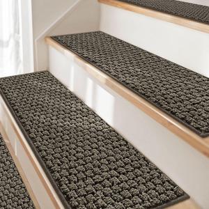 JSEI Stair Treads for Wooden Steps, 14 Pack 9" X 28" Non-Slip Machine Washable Carpet Stair Treads with TPE Backing, Soft Indoor Stair Rug Runner for Kids Elders & Pets, 100% Polyester, Greyish Brown, 28''x9''