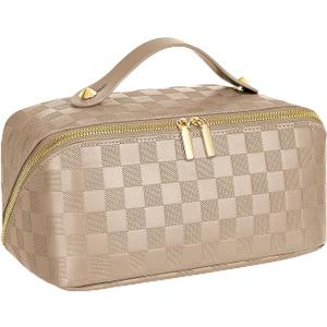 Large Capacity Travel Cosmetic Bag  Portable Makeup Bags for Women Waterproof PU Leather Checkered Makeup Organizer Bag with Dividers and Handle,Toiletry Bag for Cosmetics, Khaki