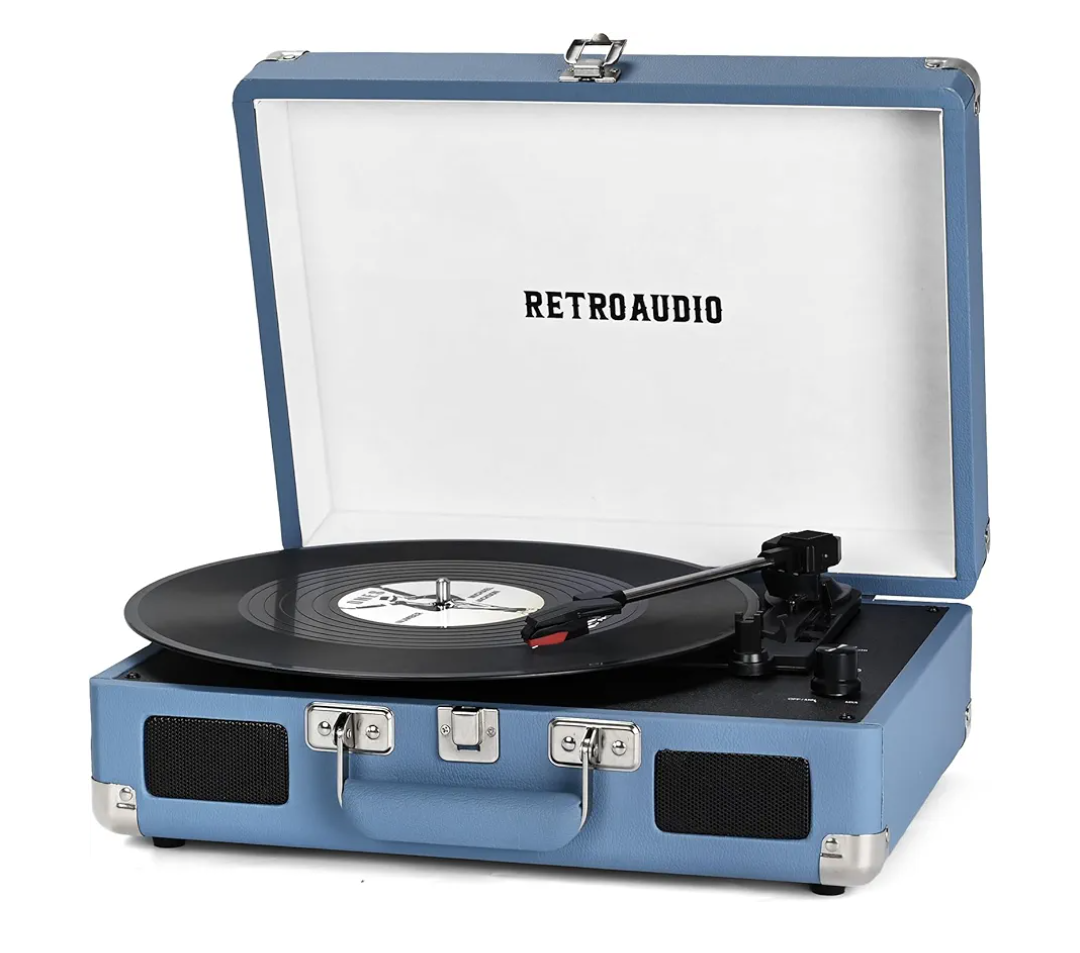Vinyl Record Player Bluetooth Vintage Portable Suitcase Turntable with Built-in Speakers 3-Speed Belt-Driven Record Player Support RCA Output and Headphone Output