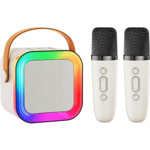 Mini Karaoke Machine Speaker for Kids Adults,Portable Bluetooth with 2 Wireless Microphones,Christmas Birthday Gifts Toys Girls Boys Ages 4, 5, 6,7, 8,9,10,11,12+ Years Old Toddler (Off-White - 2 Mic)