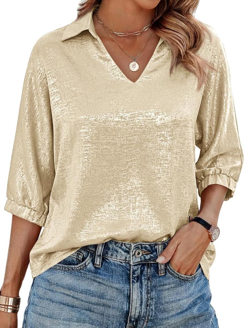 Cicy Bell Womens 3/4 Sleeve Sparkly Tops Metallic Casual Blouses Loose Fit Collared V Neck Glitter Party Shirts (Gold)