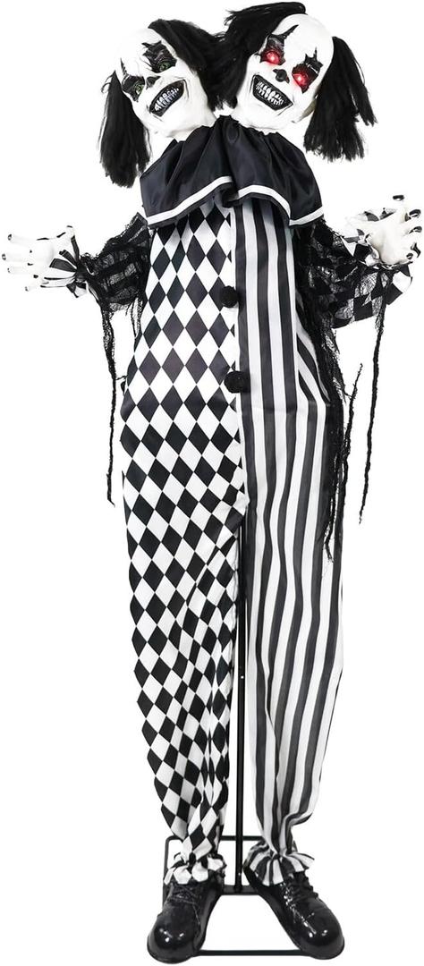 Haunted Hill Farm Lifesize 5.5-Ft Animatronic Scary Talking Two-Headed Clown with Touch Activated Lights and Sound, Battery-Operated Indoor or Covered Outdoor Halloween Decoration