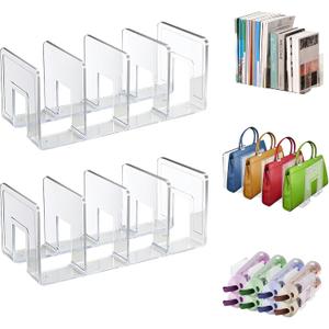 Lemical Clear Acrylic File Sorter 2 Pack Handbag Clutch Purse Organizer Acrylic Shelf Divider Drawer Organizers for Clothes Pouch Notebooks Stand Bookshelf Cooking Utensil (2Pack-4Sections) (Transparent)