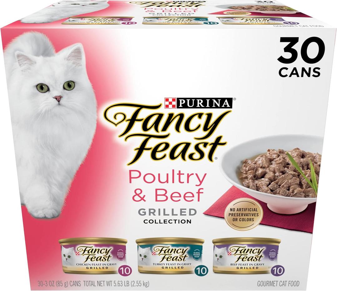 Purina Fancy Feast Grilled Wet Cat Food Poultry and Beef Collection Wet Cat Food Variety Pack - (Pack of 30) 3 oz. Cans (EXP 12/31/27)