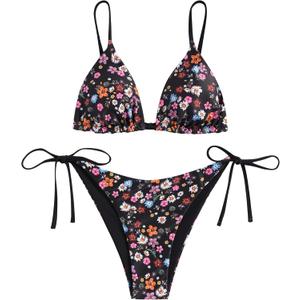ZAFUL Women's Triangle Bikini Floral String Bikini Set Two Piece Swimsuit Bathing Suits (2-black Flower), S