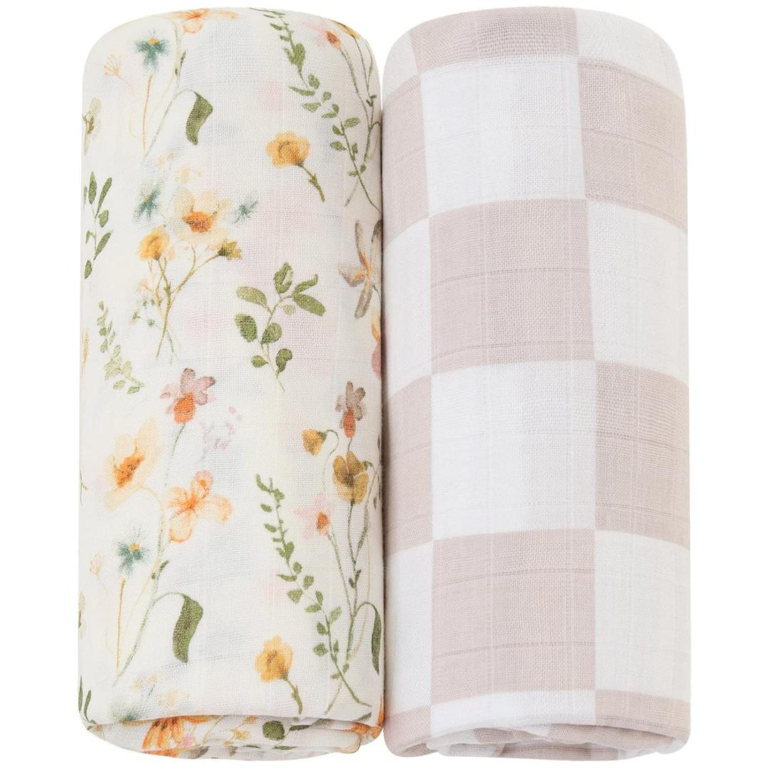 LifeTree Muslin Swaddle Blankets for Baby Girl, 2-Pack 70% Viscose from Bamboo and 30% Cotton Large Swaddle Blankets (47" x 47"), Floral & Dusty Pink Checkered