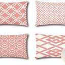OTOSTAR Set of 4 Waterproof Throw Pillow Covers 16x24 Inch Farmhouse Geometric Square Pillow Cases for Couch Patio Furniture Balcony Garden Outdoor Decoration（Geometry40-Pink