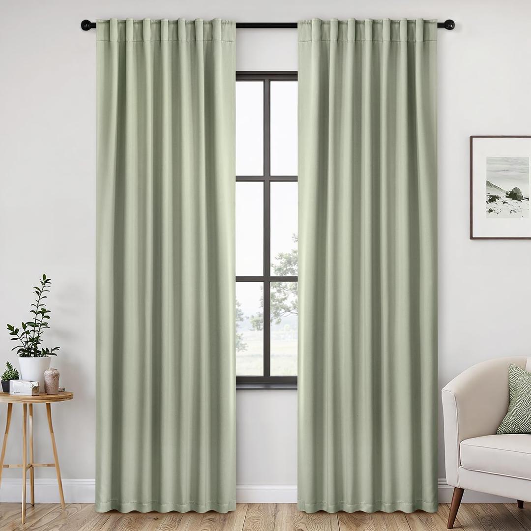 ANRODUO Back Tab Blackout Curtains for Bedroom Living Room, Rod Pocket Pinch Pleated Thermal Insulated Room Darkening Curtains 90 Inches Long 2 Panels, Sage Green, 42 x 90 Inch