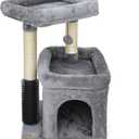 Small Cat Tree with Scratching Post Indoor, Cat Trees for Indoor, Cat Tower with Condo, Plush Cozy Perch, Massage Brush, Activity Hanging Pompoms (Grey)
