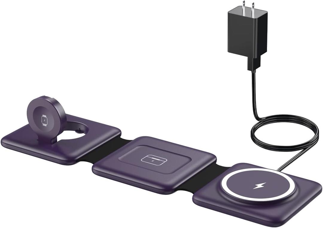 Charging Station for Mag Safe Apple - 3 in 1 Magnetic Foldable Wireless Charger Pad - Travel Charging Mat for iPhone 16 15 14 13 12 Pro Max Plus Watch & Airpods (Deep-purple)
