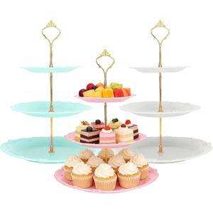 Sibao 3 Tier Plastic Dessert Table Display Set- 3 Pack Round Cupcake Stands With 9 Tray,Reusable Fruit Cake Candy Tower Platter For Party,Wedding,Birthday,Dinner And Celebration