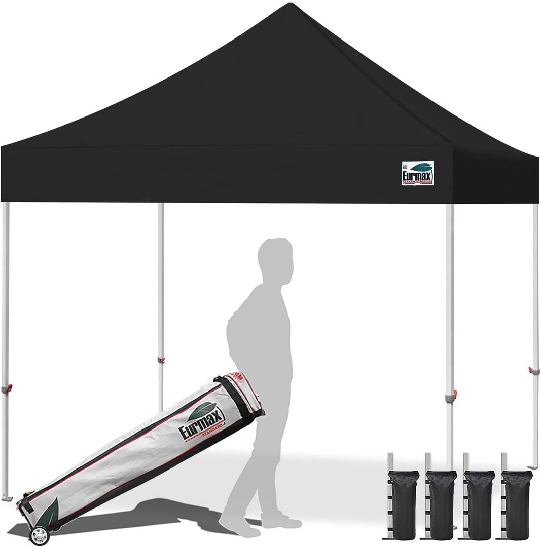 Eurmax USA 10x10ft Pop Up Canopy,Commercial Instant Tent for Outdoor Events,Patented No-Tip Rolling Storage Bag with 4 Sandbags,UV & Water Resistant,Heavy Duty Portable Shelter Gazebo,Black