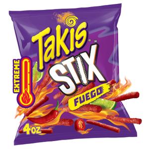 Takis Fuego Stix - Extreme Hot Chili Pepper & Lime Flavored Spicy Corn Sticks Snack Size Bag (EXP 08/26/26)
