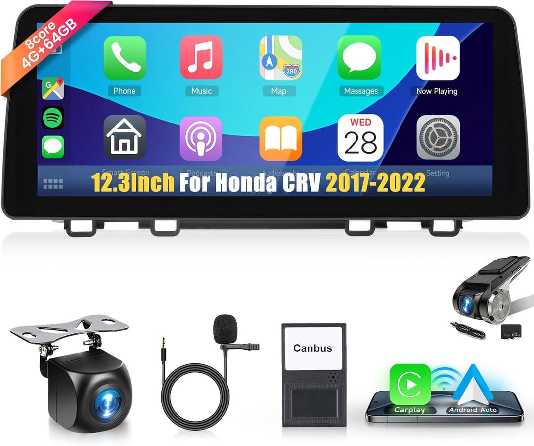 12.3" Car Stereo for Honda CRV 2017-20228Core 4+64G Wireless Carplay Android Auto,1920 * 720P IPS Touch Screen Radio,Android13/GPS/WiFi/32EQ DSP/59UI/Bluetooth5.0/DAB/FM/SWC/Backup Camera