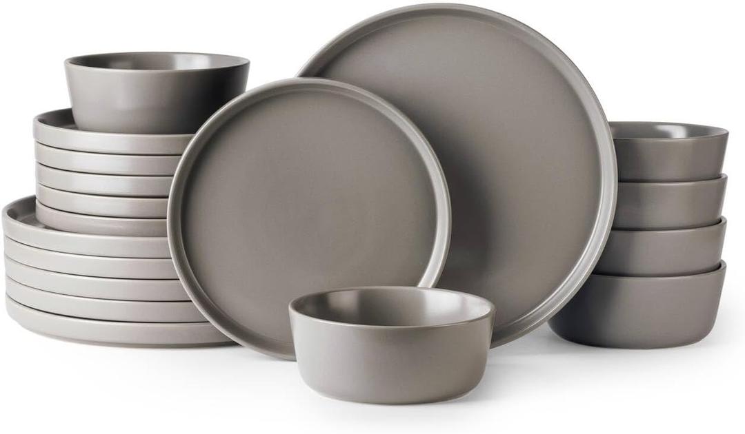 AmorArc Ceramic Dinnerware Sets for 6, Modern Flat Stoneware Plates and Bowls Sets,Chip and Crack Resistant | Dishwasher & Microwave Safe Dishes Set,Scratch Resistant- Service for 6 (18pc)-Matte Gray